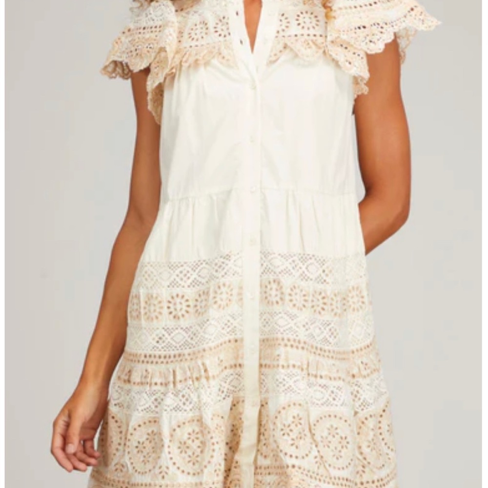 NWT Sea New York Evie Tunic Eyelet Dress Size M Ecru Flutter Sleeve Button front